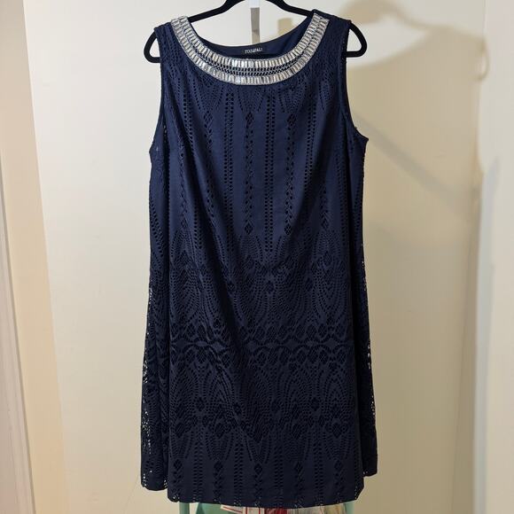 Roz & Ali Dresses & Skirts - Roz & Ali Navy Blue Lace Dress Embellished Neck Sleeveless A-Line Party Cocktail